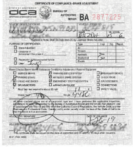 certificate of compliance - brake adjustment
